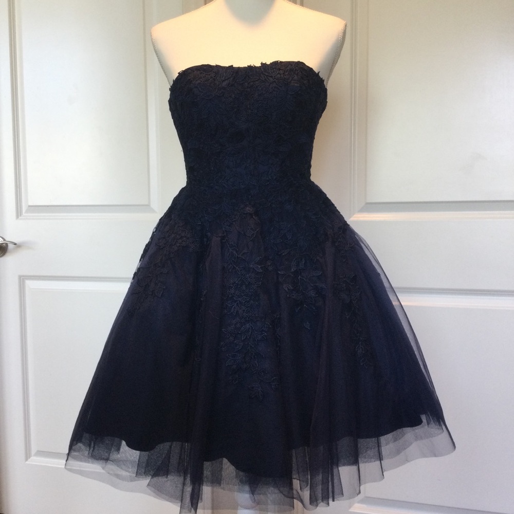 JVN by Jovani - Navy Strapless Floral Lace Applique Tulle Dress JVN1830, Size 00